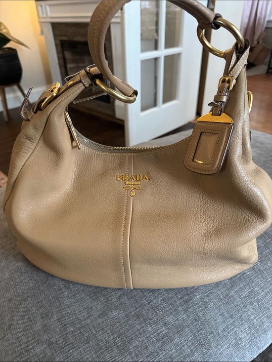 Prada Handbags - Prada Taupe Leather Shoulder Hobo with Gold Hardware
